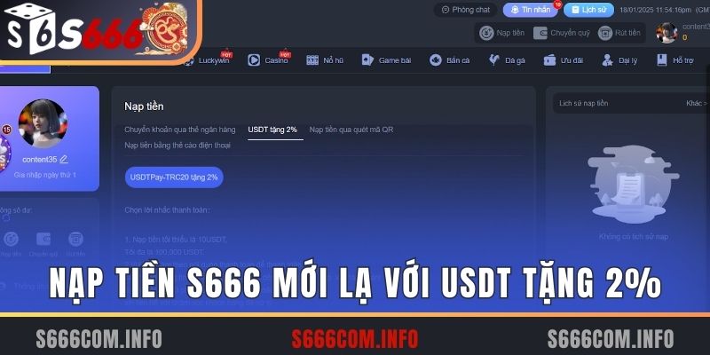 Nạp tiền S666 mới lạ cùng USDT tặng 2%